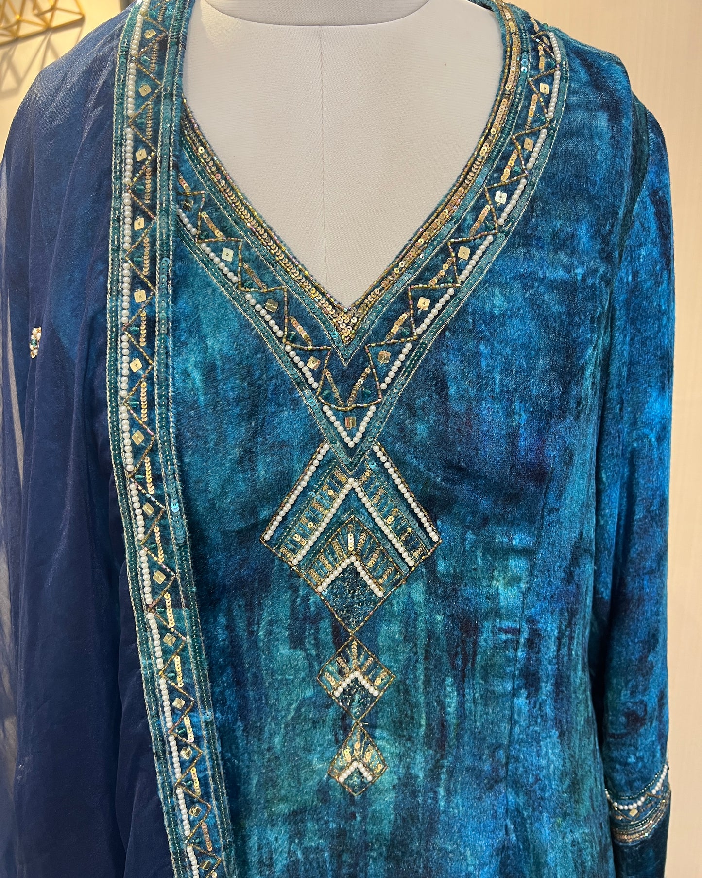 Shades of Blue Velvet Kurta Set